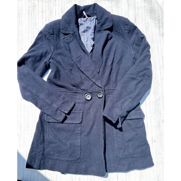 Free People Pea Coat Women Small Navy Blue Two Button Long Sleeve Collar Pockets - Picture 3 of 13